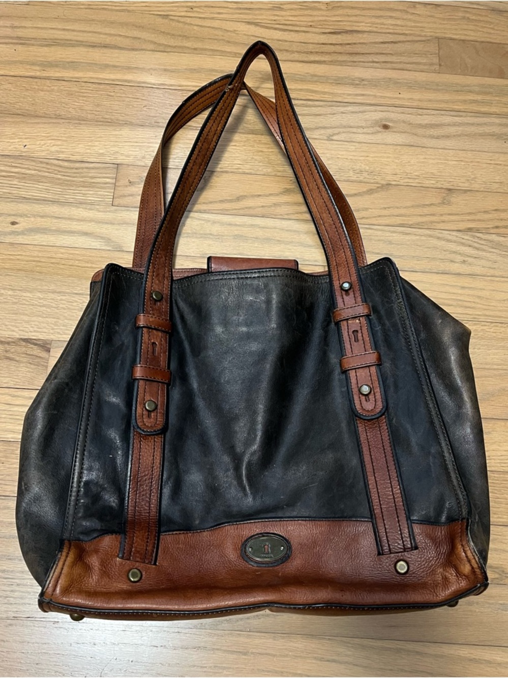 Fossil Black and Brown Leather Tote